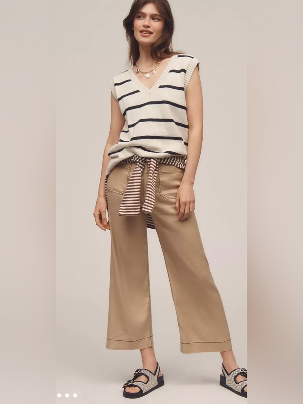 Maeve Colette Cropped Wide-Leg Pants Contrast-Stitch Khaki Sz 32 Anthropologie